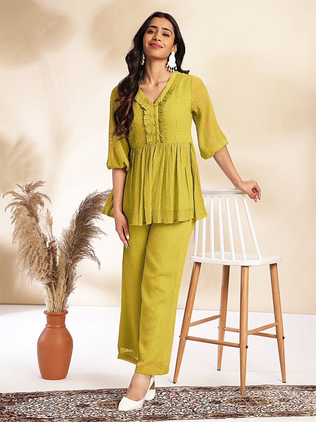 Janasya Light Dobby Chiffon Self Design Peplum Top & Bottom Set | Grocsy