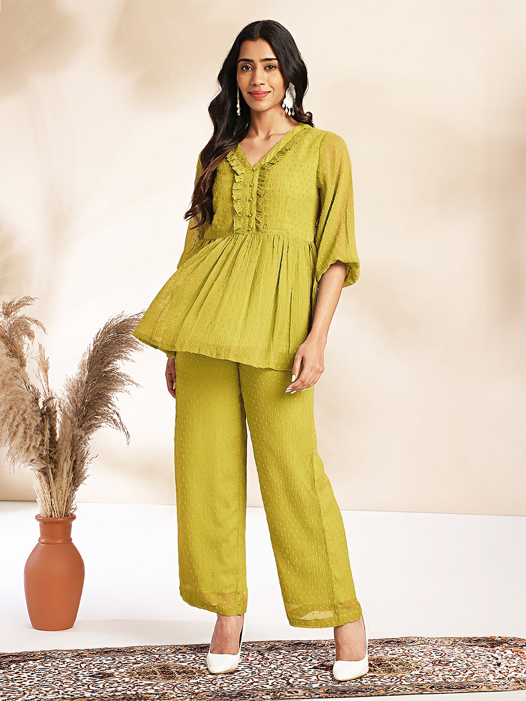 Janasya Light Dobby Chiffon Self Design Peplum Top & Bottom Set | Grocsy