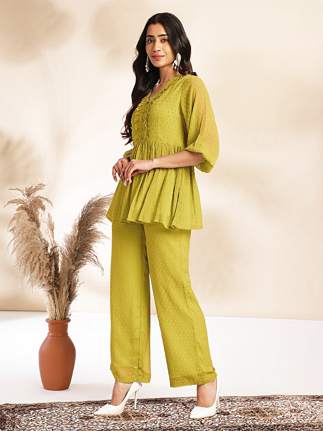 Janasya Light Dobby Chiffon Self Design Peplum Top & Bottom Set | Grocsy