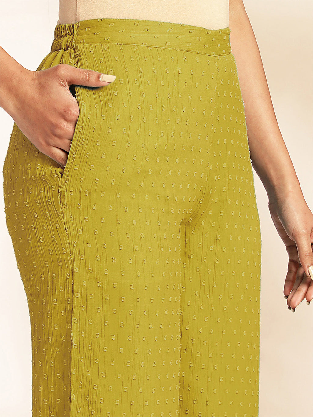 Janasya Light Dobby Chiffon Self Design Peplum Top & Bottom Set | Grocsy