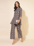 Janasya Dark Cotton Ethnic Motifs A-Line Top & Bottom Set | Grocsy