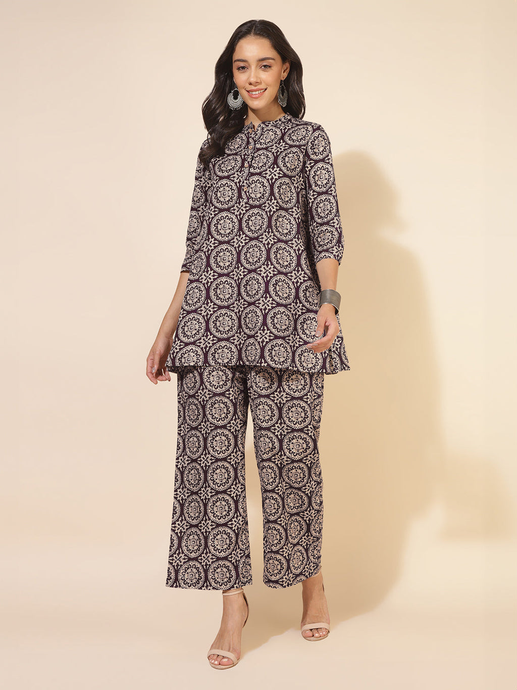 Janasya Dark Cotton Ethnic Motifs A-Line Top & Bottom Set | Grocsy