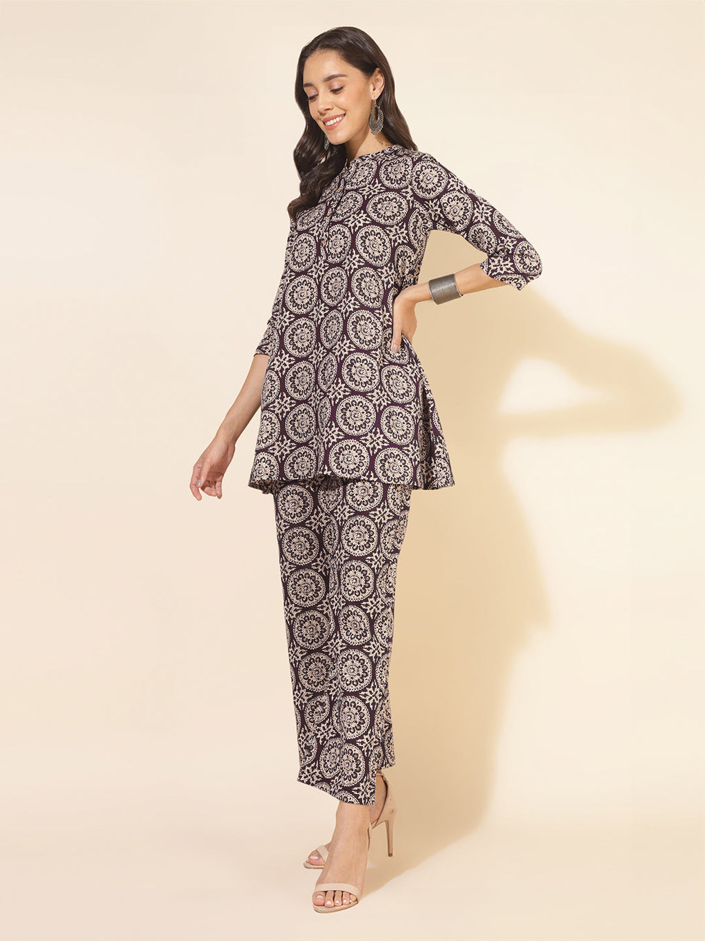 Janasya Dark Cotton Ethnic Motifs A-Line Top & Bottom Set | Grocsy