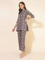 Janasya Dark Cotton Ethnic Motifs A-Line Top & Bottom Set | Grocsy