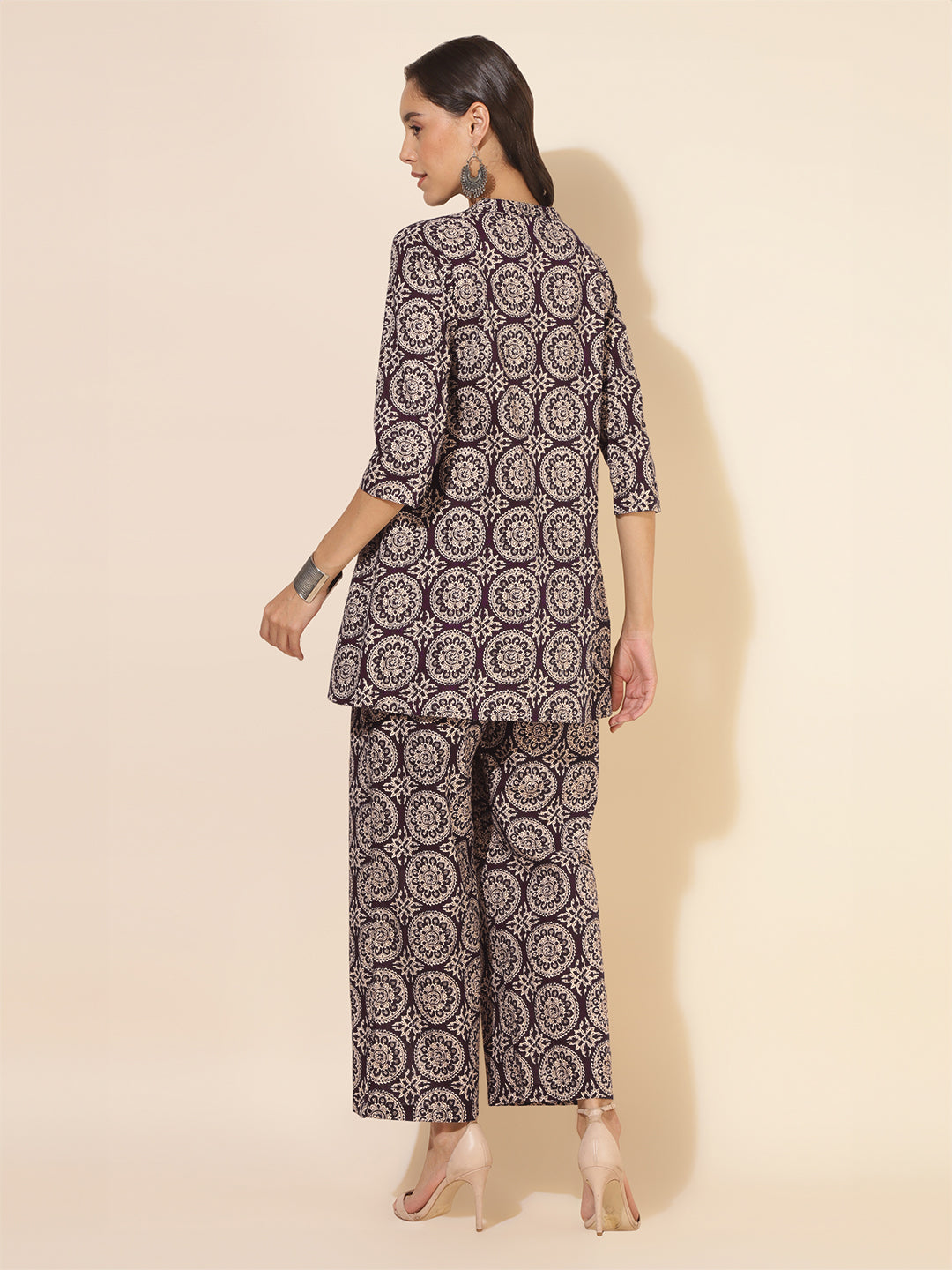 Janasya Dark Cotton Ethnic Motifs A-Line Top & Bottom Set | Grocsy