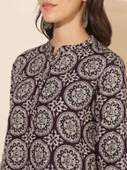 Janasya Dark Cotton Ethnic Motifs A-Line Top & Bottom Set | Grocsy