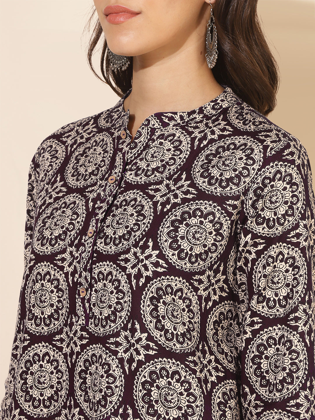 Janasya Dark Cotton Ethnic Motifs A-Line Top & Bottom Set | Grocsy