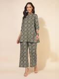Janasya Dark Cotton Ethnic Motifs A-Line Top & Bottom Set | Grocsy