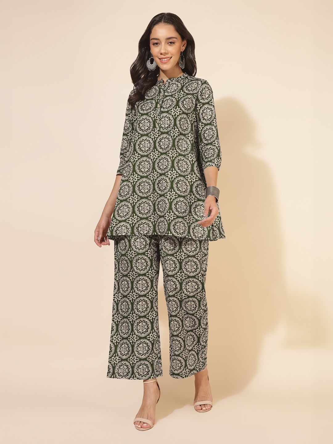 Janasya Dark Cotton Ethnic Motifs A-Line Top & Bottom Set | Grocsy