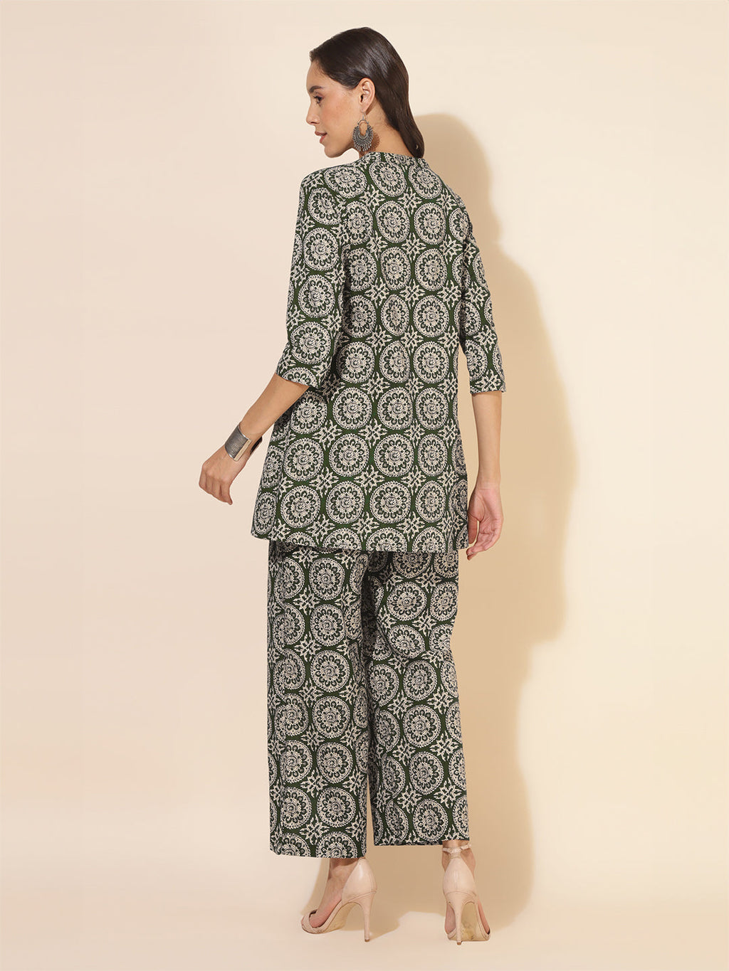 Janasya Dark Cotton Ethnic Motifs A-Line Top & Bottom Set | Grocsy