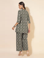 Janasya Dark Cotton Ethnic Motifs A-Line Top & Bottom Set | Grocsy