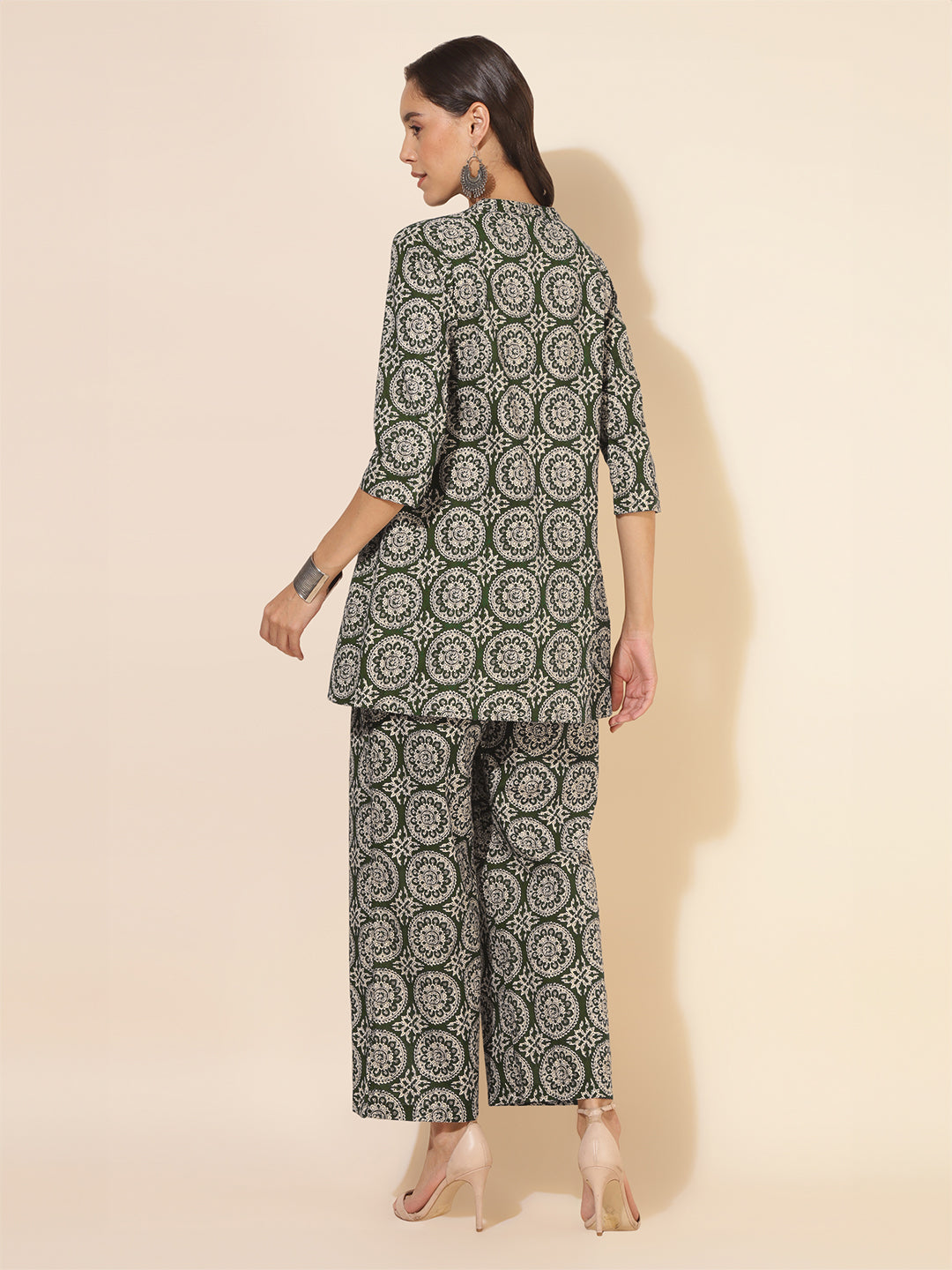 Janasya Dark Cotton Ethnic Motifs A-Line Top & Bottom Set | Grocsy