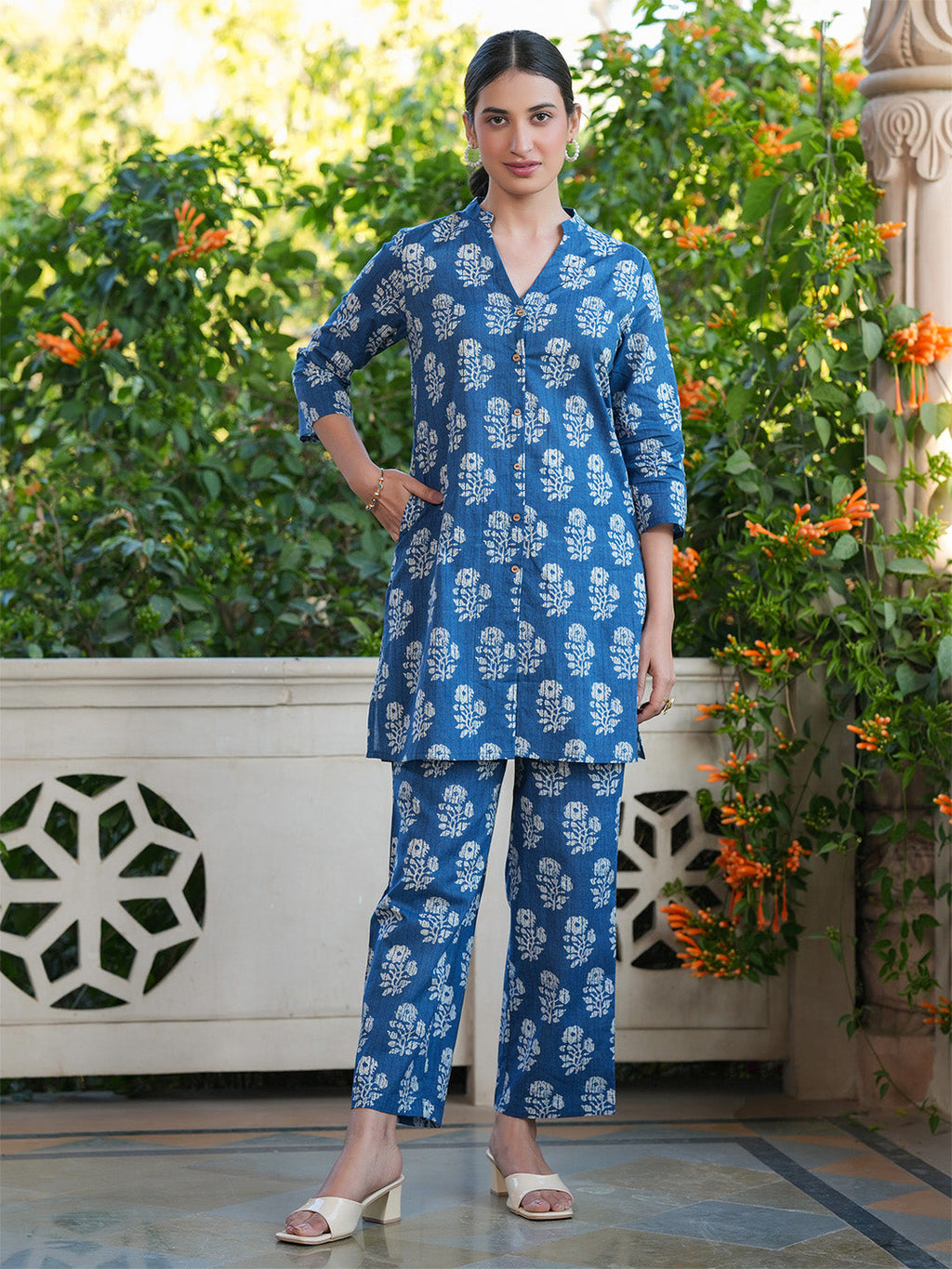 Janasya Dark Cotton Batik Straight Top & Bottom Set | Grocsy