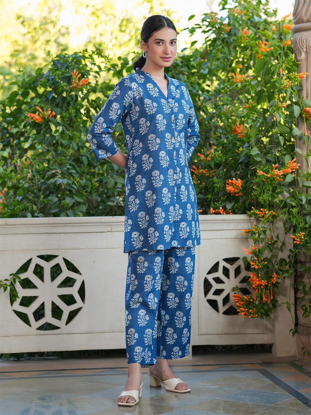 Janasya Dark Cotton Batik Straight Top & Bottom Set | Grocsy