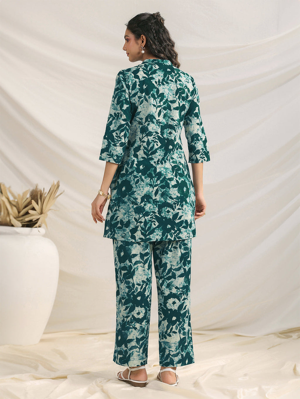 Janasya Dark Cotton Floral Straight Top & Bottom Set | Grocsy