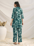 Janasya Dark Cotton Floral Straight Top & Bottom Set | Grocsy