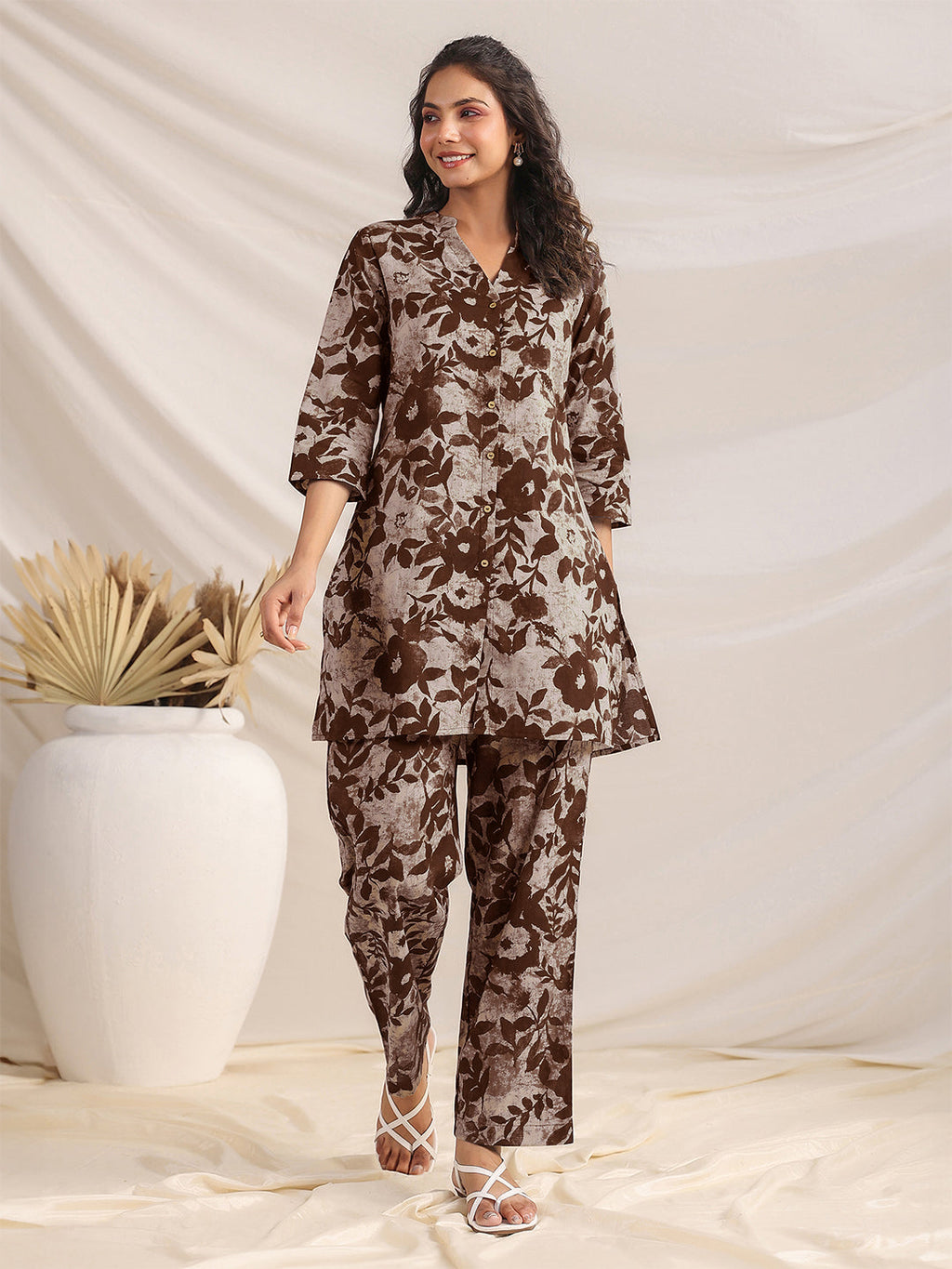 Janasya Dark Cotton Floral Straight Top & Bottom Set | Grocsy