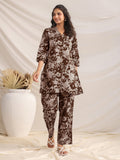 Janasya Dark Cotton Floral Straight Top & Bottom Set | Grocsy