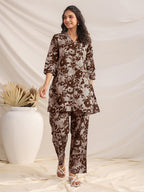 Janasya Dark Cotton Floral Straight Top & Bottom Set | Grocsy
