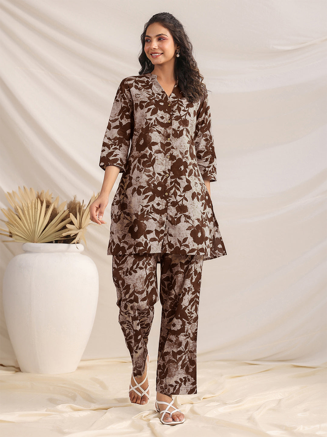 Janasya Dark Cotton Floral Straight Top & Bottom Set | Grocsy