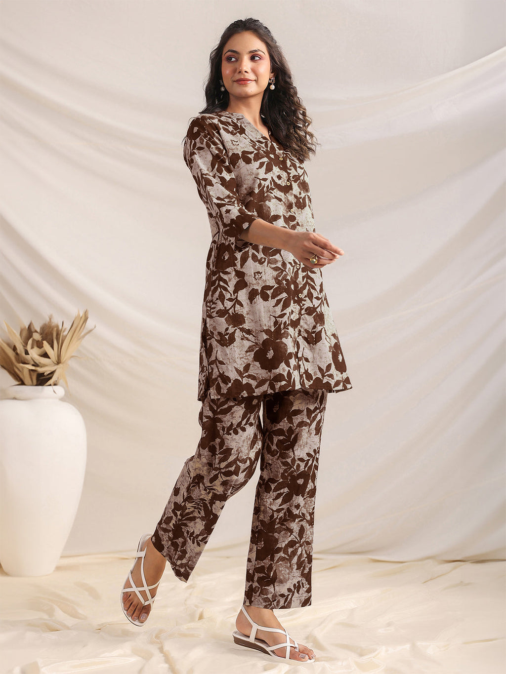 Janasya Dark Cotton Floral Straight Top & Bottom Set | Grocsy