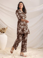 Janasya Dark Cotton Floral Straight Top & Bottom Set | Grocsy