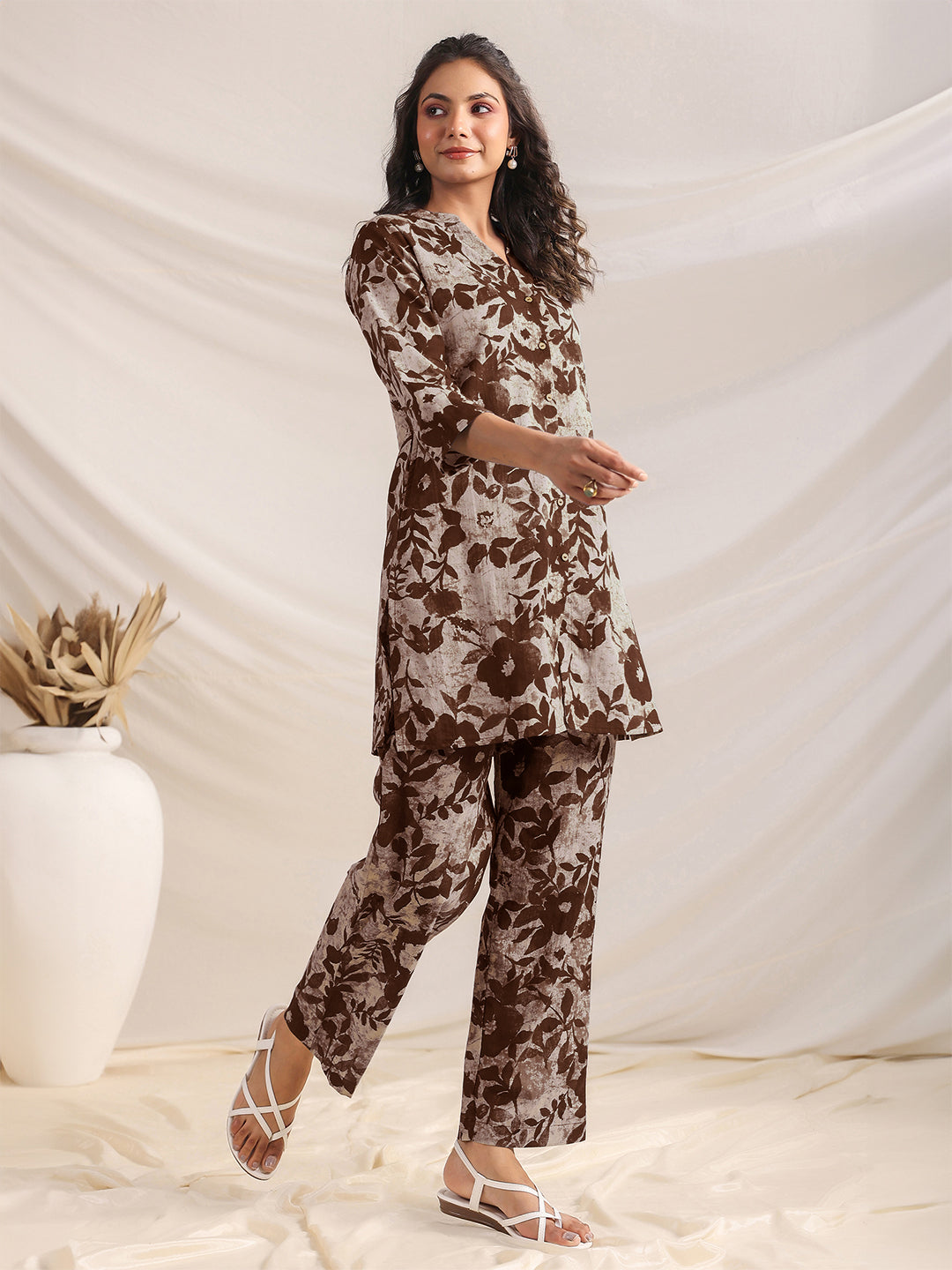Janasya Dark Cotton Floral Straight Top & Bottom Set | Grocsy
