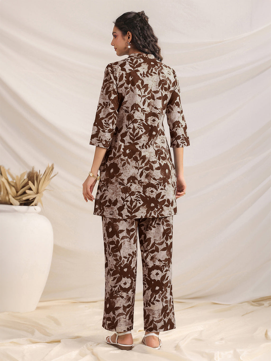 Janasya Dark Cotton Floral Straight Top & Bottom Set | Grocsy