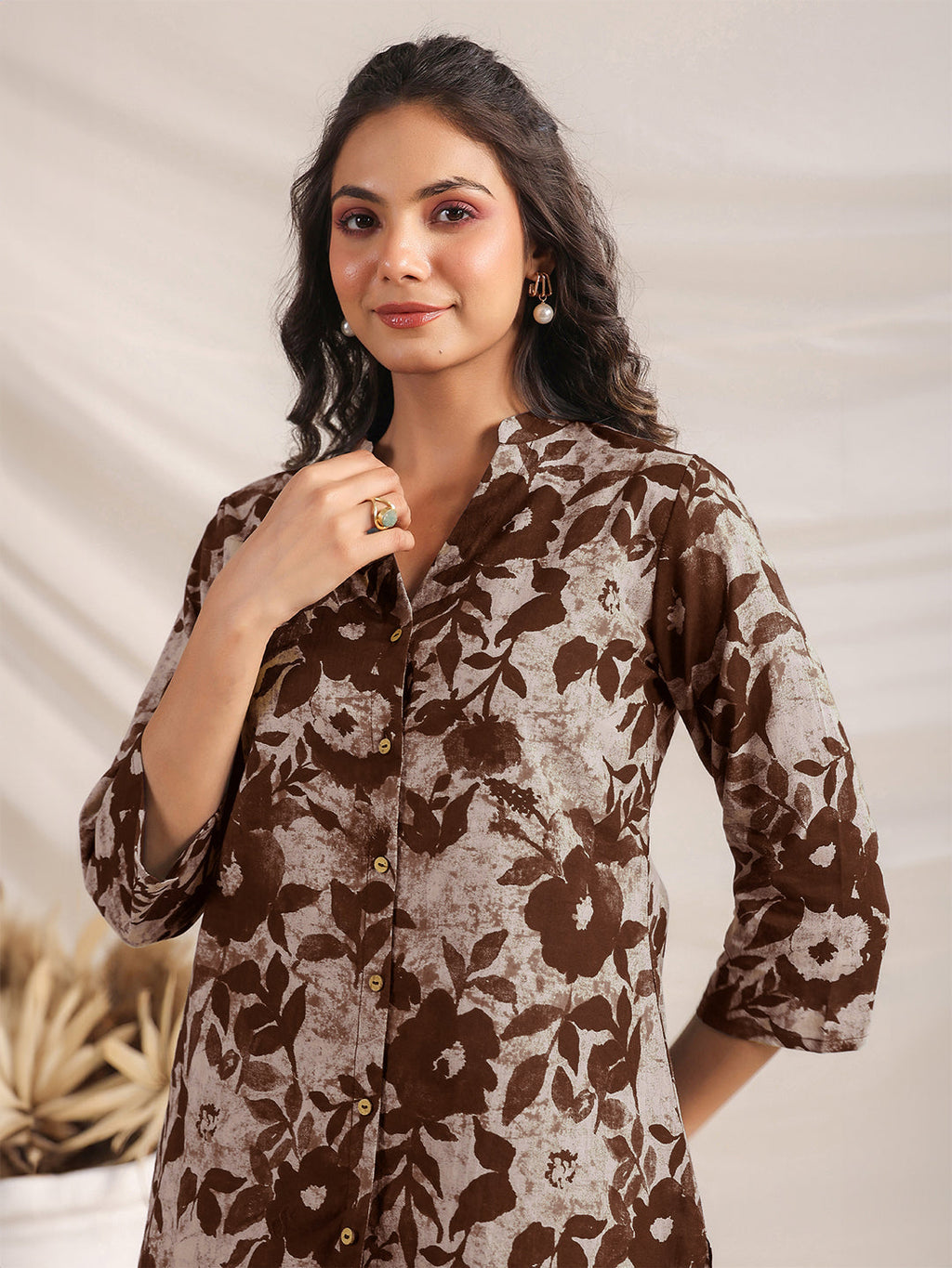 Janasya Dark Cotton Floral Straight Top & Bottom Set | Grocsy