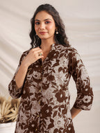 Janasya Dark Cotton Floral Straight Top & Bottom Set | Grocsy