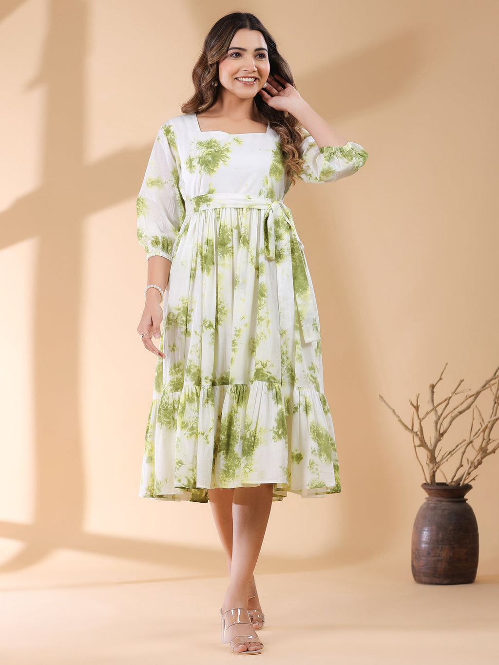 Janasya Bright Cotton Tie & dye Tiered Dress | Grocsy