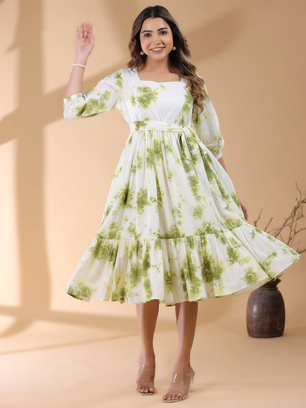 Janasya Bright Cotton Tie & dye Tiered Dress | Grocsy