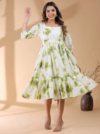 Janasya Bright Cotton Tie & dye Tiered Dress | Grocsy