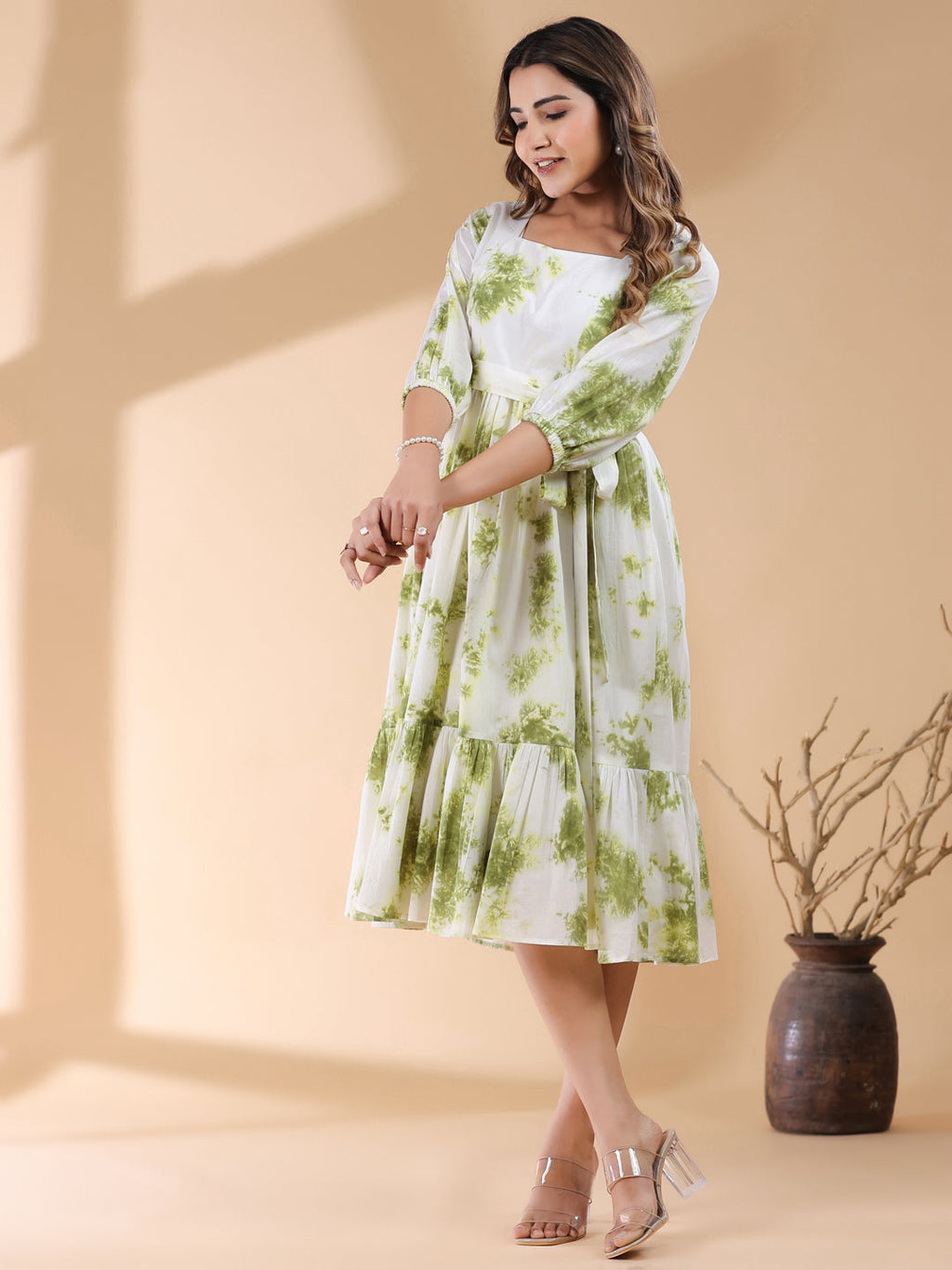 Janasya Bright Cotton Tie & dye Tiered Dress | Grocsy