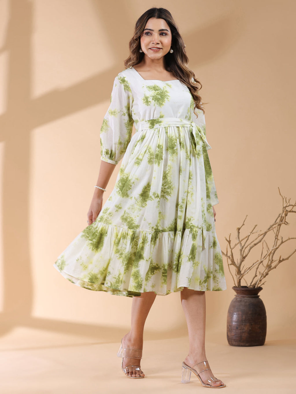 Janasya Bright Cotton Tie & dye Tiered Dress | Grocsy