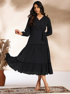 Janasya Dark Dobby Chiffon Woven Design Tiered Dress | Grocsy