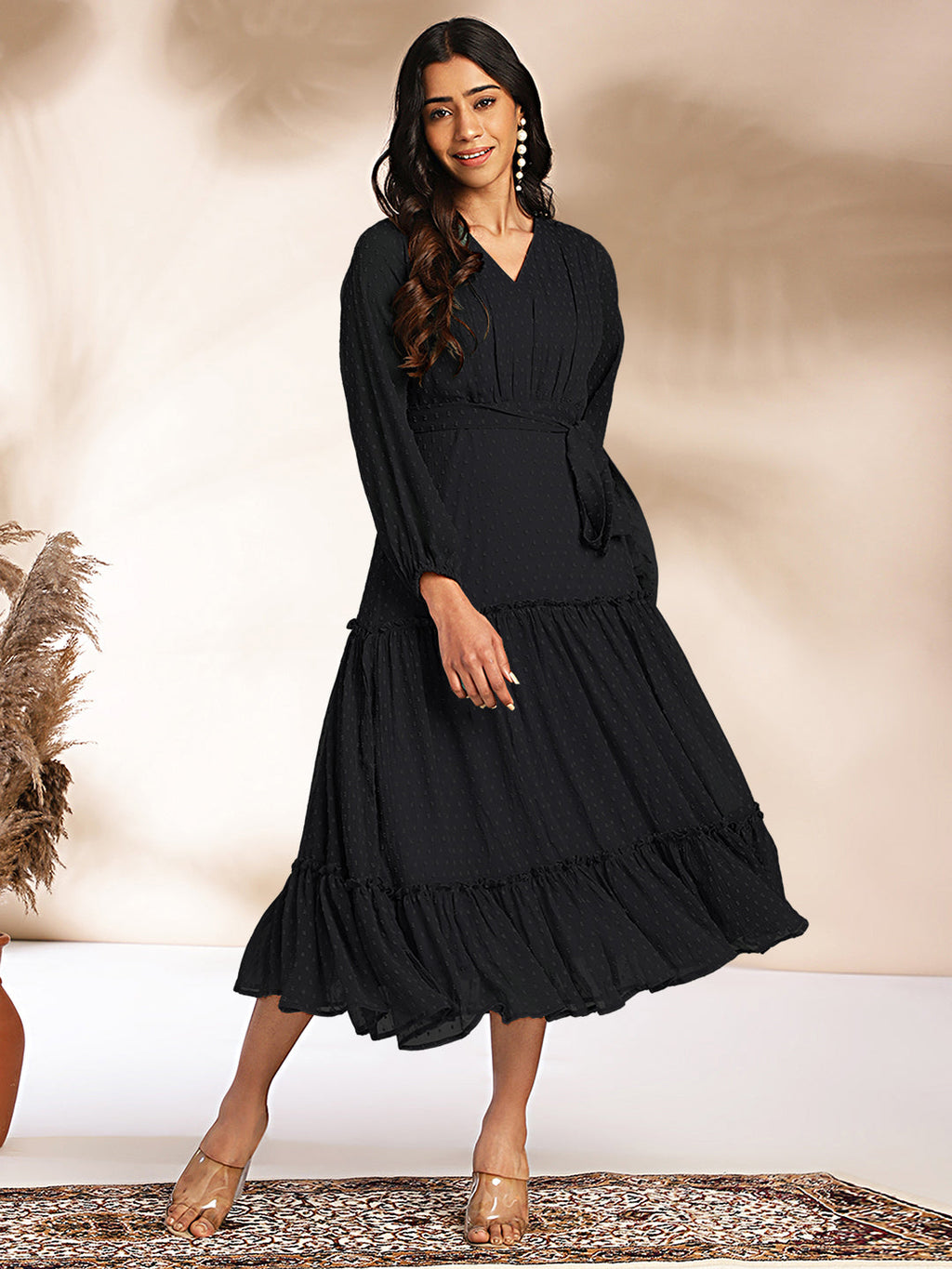 Janasya Dark Dobby Chiffon Woven Design Tiered Dress | Grocsy