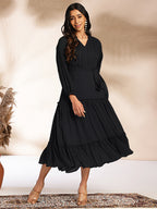 Janasya Dark Dobby Chiffon Woven Design Tiered Dress | Grocsy