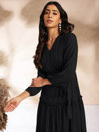 Janasya Dark Dobby Chiffon Woven Design Tiered Dress | Grocsy