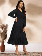 Janasya Dark Dobby Chiffon Woven Design Tiered Dress | Grocsy