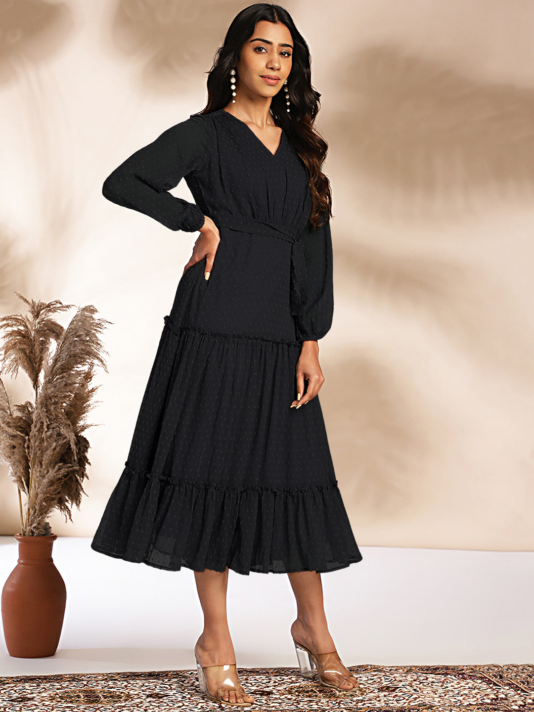 Janasya Dark Dobby Chiffon Woven Design Tiered Dress | Grocsy