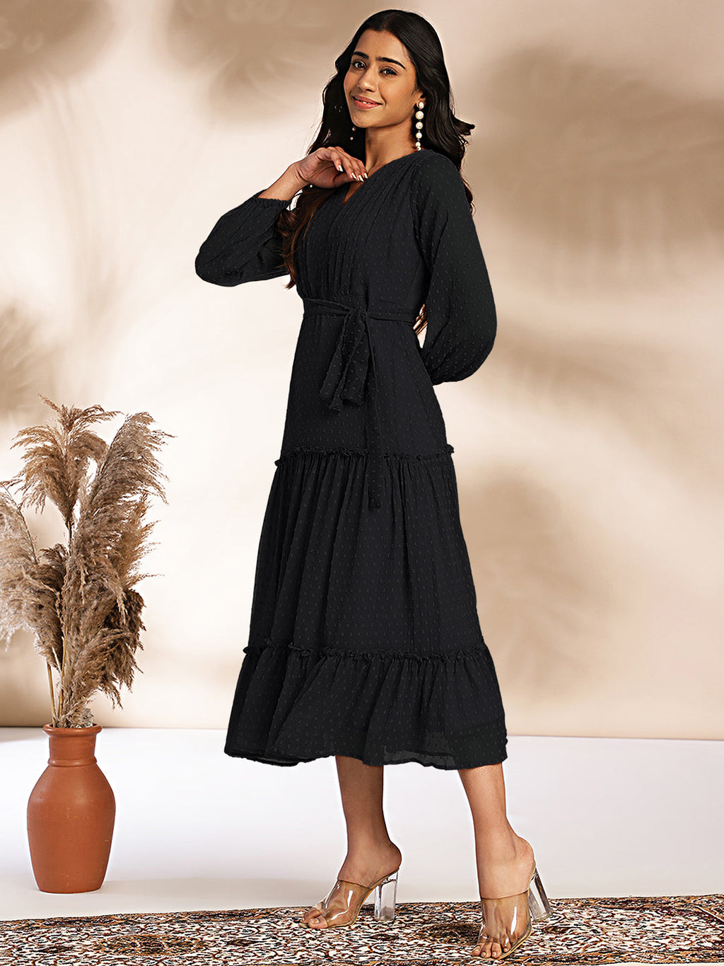 Janasya Dark Dobby Chiffon Woven Design Tiered Dress | Grocsy