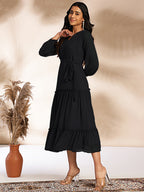 Janasya Dark Dobby Chiffon Woven Design Tiered Dress | Grocsy