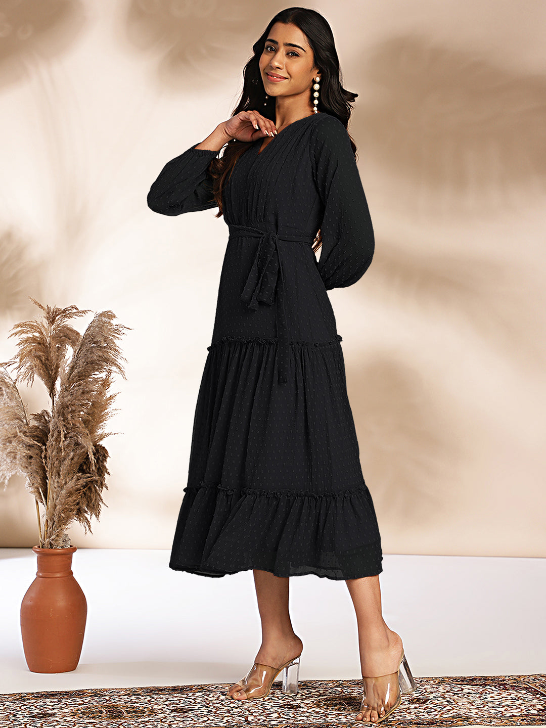 Janasya Dark Dobby Chiffon Woven Design Tiered Dress | Grocsy