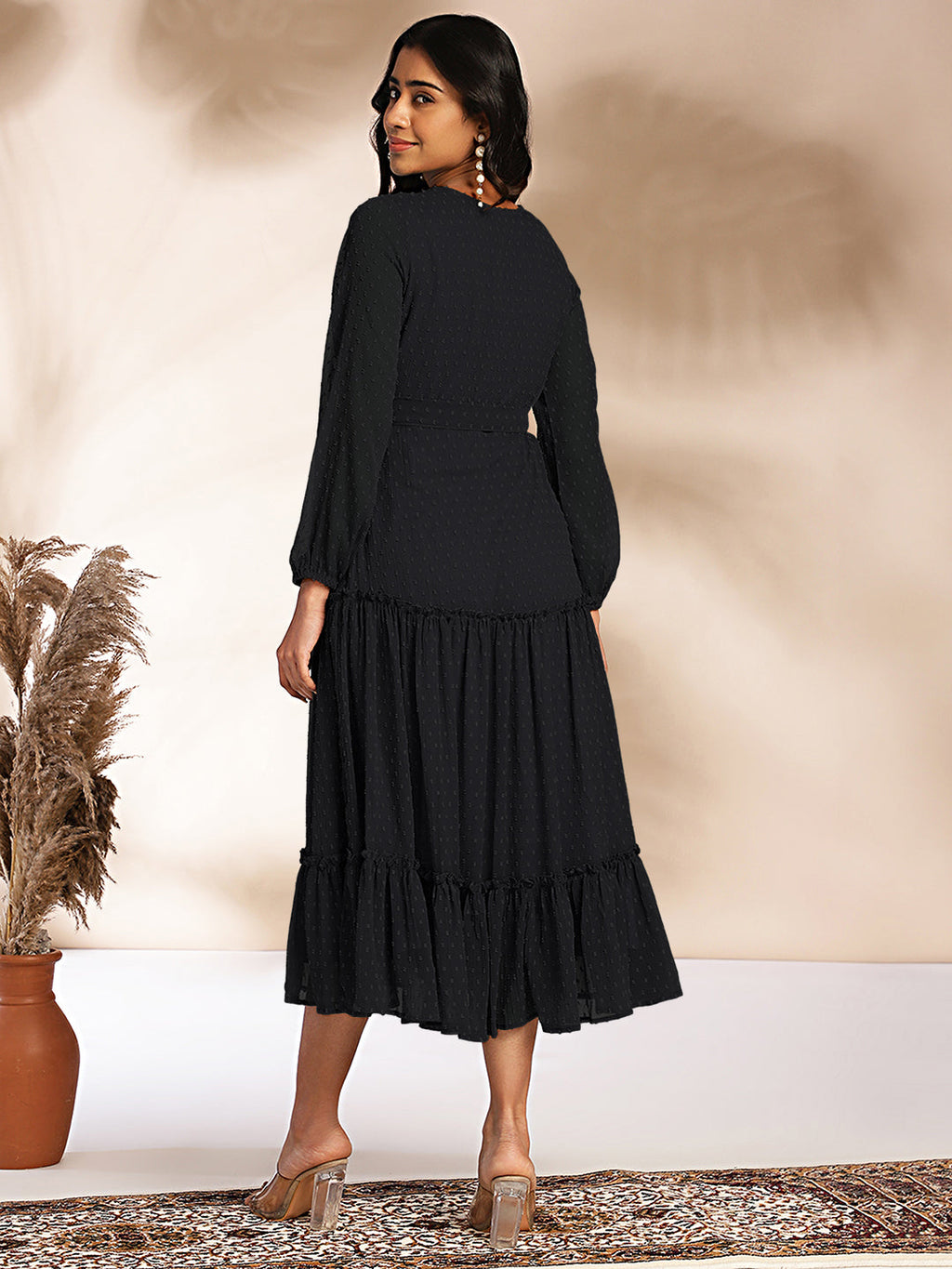 Janasya Dark Dobby Chiffon Woven Design Tiered Dress | Grocsy
