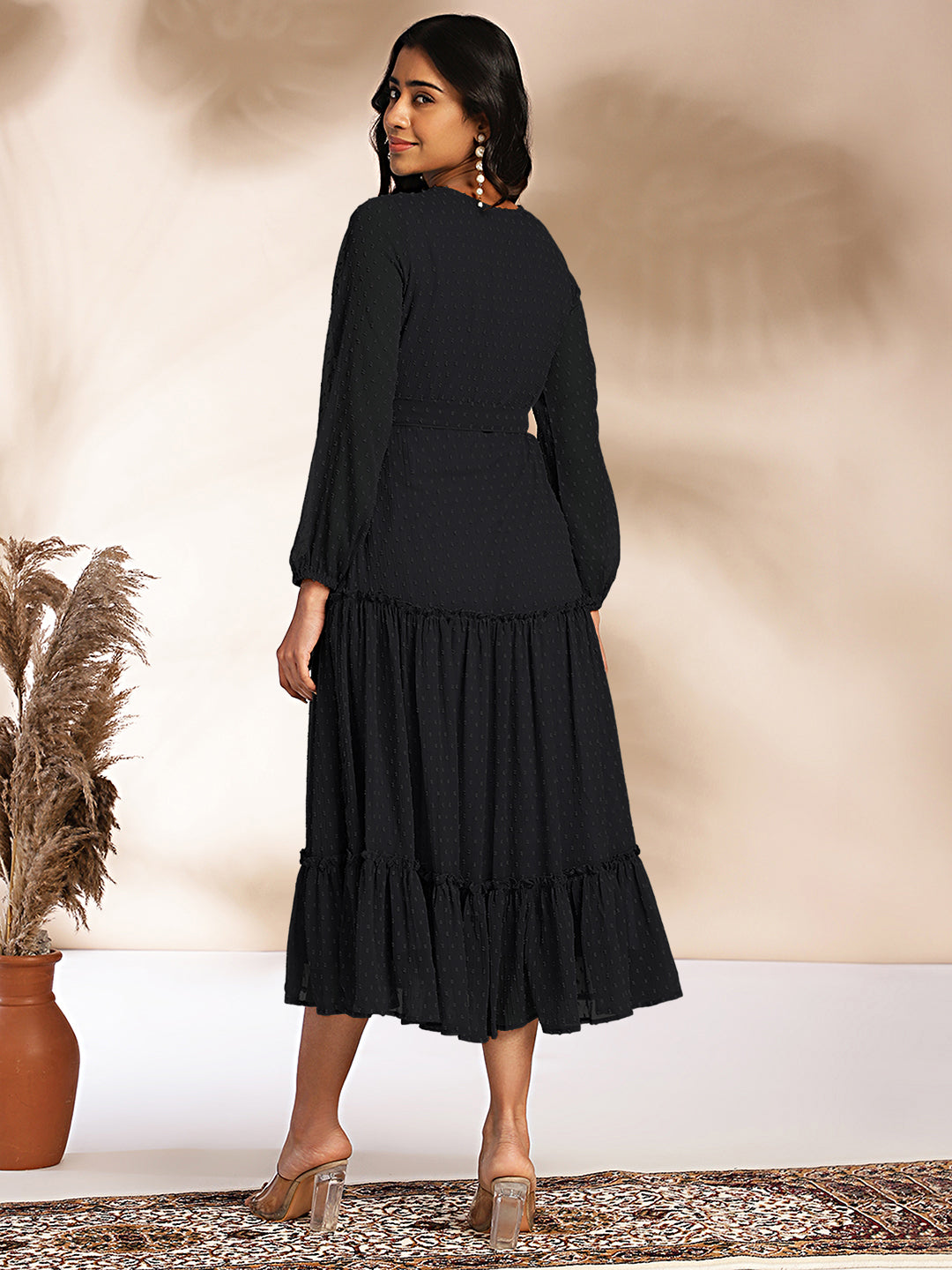 Janasya Dark Dobby Chiffon Woven Design Tiered Dress | Grocsy