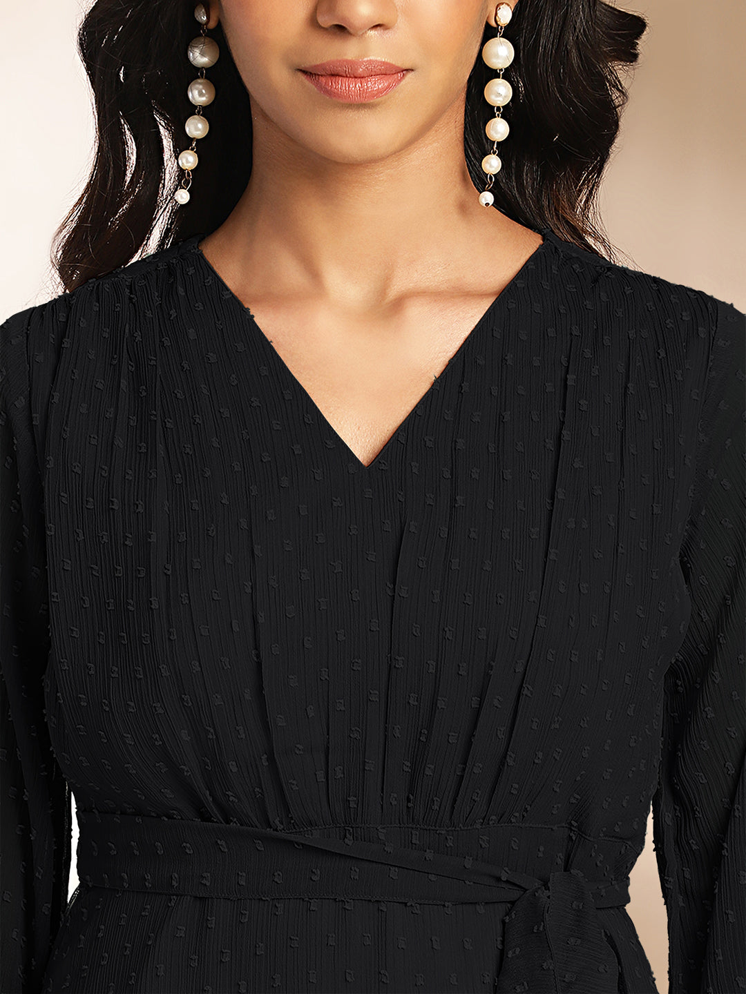 Janasya Dark Dobby Chiffon Woven Design Tiered Dress | Grocsy