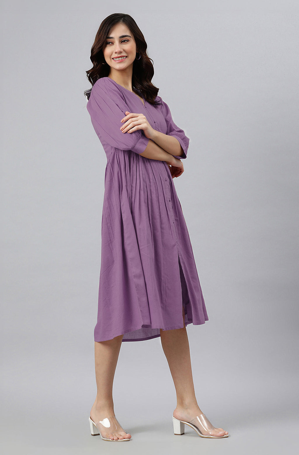 Janasya Bright Cotton Solid Gathered Dress | Grocsy
