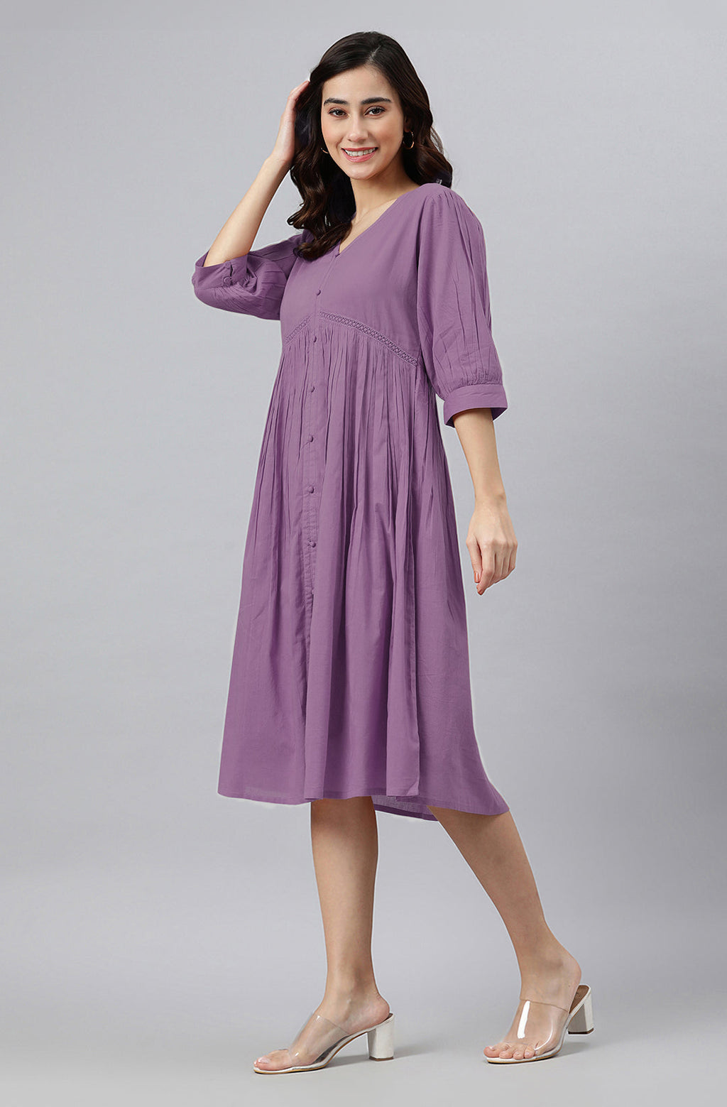 Janasya Bright Cotton Solid Gathered Dress | Grocsy