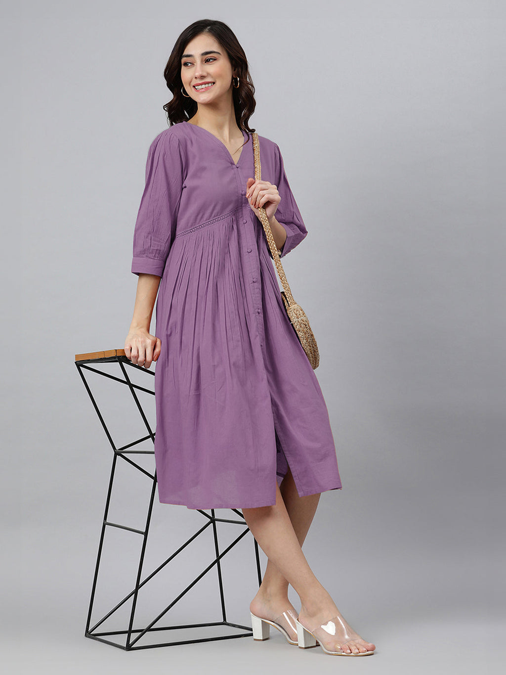 Janasya Bright Cotton Solid Gathered Dress | Grocsy